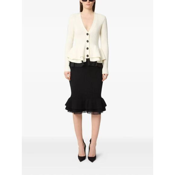 Nina RicciV Neck Layered Mix Ruffled Wool Knit Cardigan in Cream XS